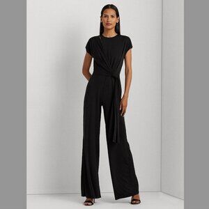 Lauren Ralph Lauren Black Tie-Front Jersey Wide-Leg Jumpsuit | Size 14